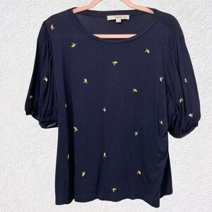 Loft Women's Blouse XL Navy Blue Short‎ Sleeve Embroidered Lemons Casual Top